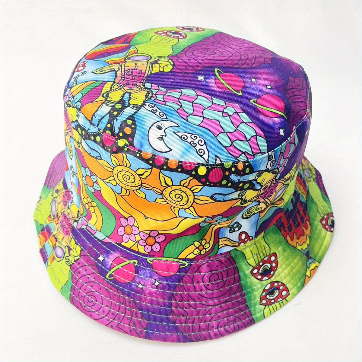 Boho Cartoon Print Bucket Hat Purple Mushroom Vintage Block Basin Hat