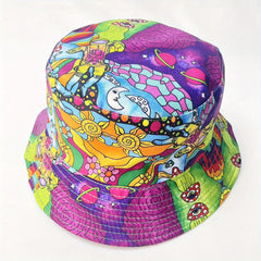 Boho Cartoon Print Bucket Hat Purple Mushroom Vintage Block Basin Hat