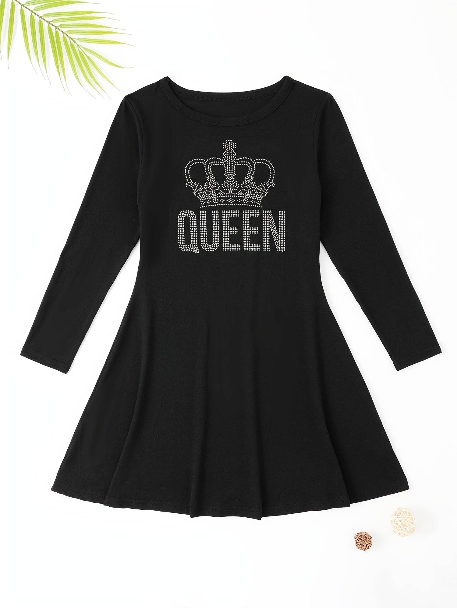 QUEEN Print Crown Graphic Long Sleeve Dress Girls Comfy Dress