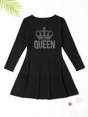 QUEEN Print Crown Graphic Long Sleeve Dress Girls Comfy Dress