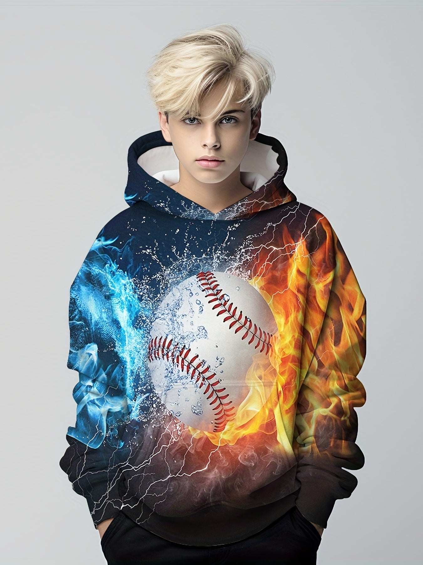 Boy's Baseball Print Hoodie Kid's Hooded Sweatshirt