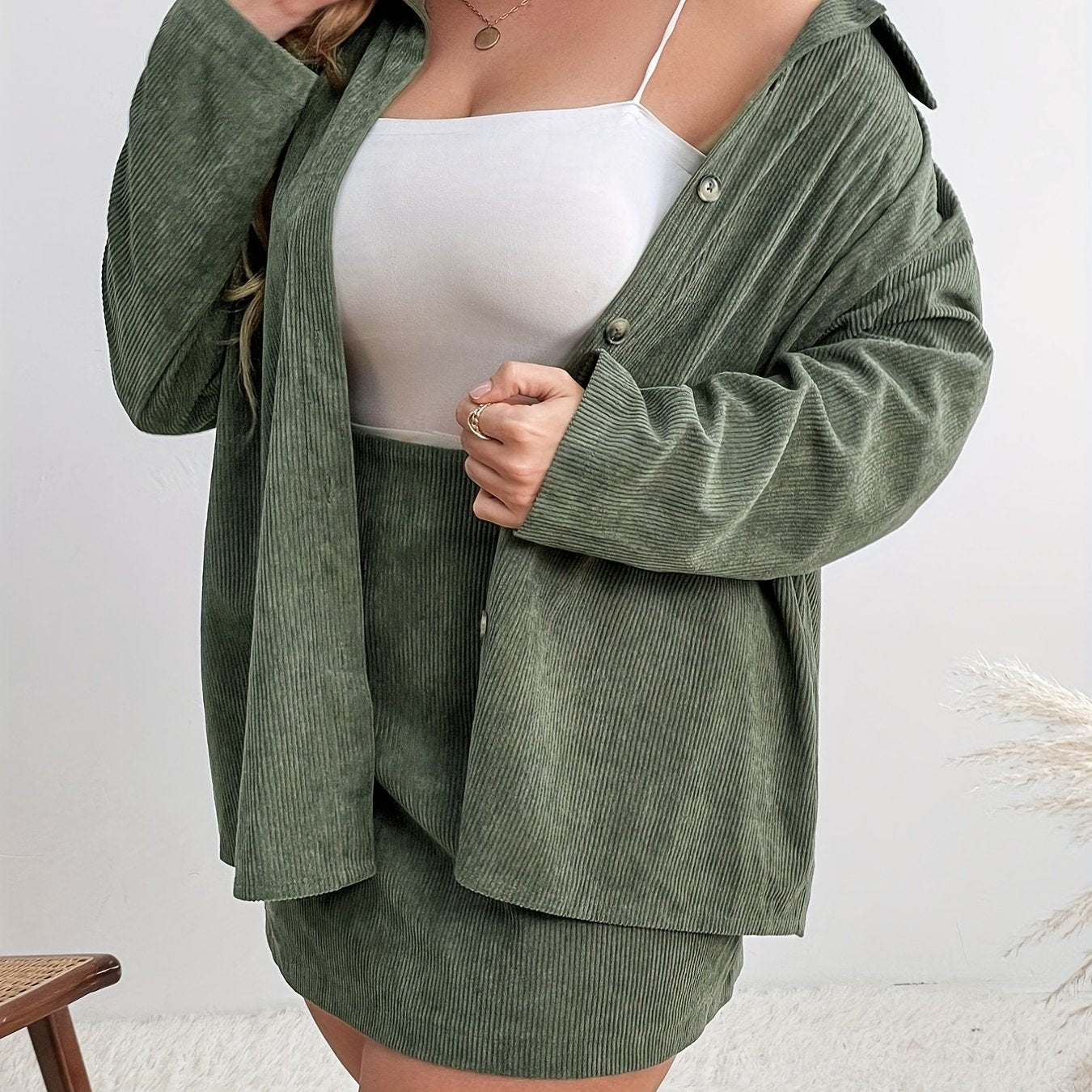 Solid Corduroy Top & Mini Skirt Two Piece Set