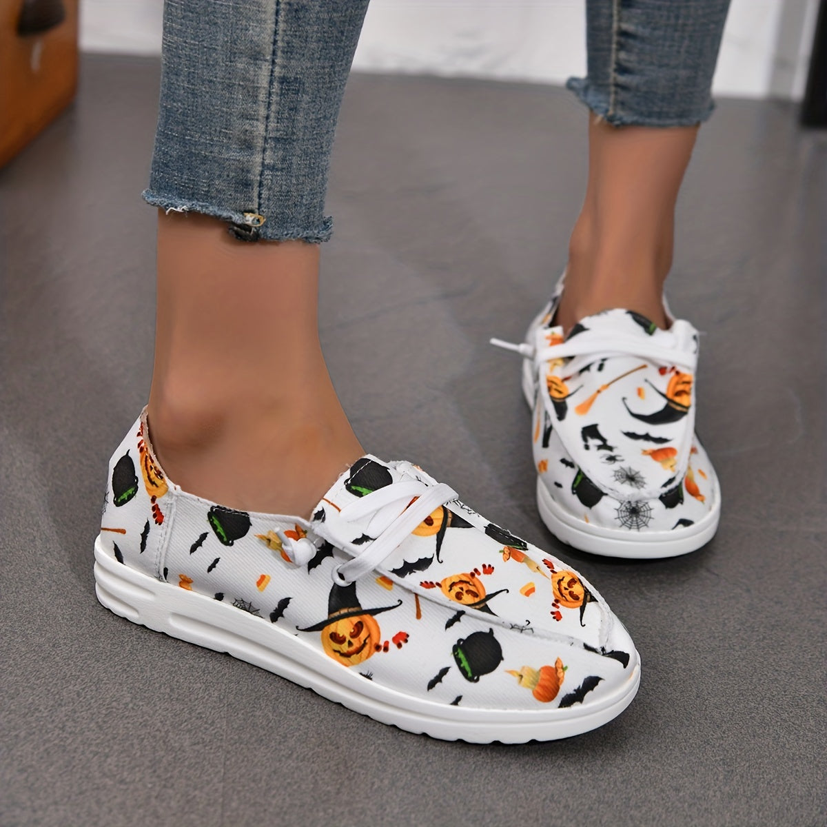 Women's Halloween Canvas Sneakers Ghost Face Pumpkin Print Low Top Flats