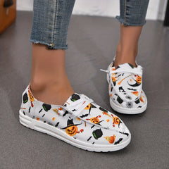 Women's Halloween Canvas Sneakers Ghost Face Pumpkin Print Low Top Flats