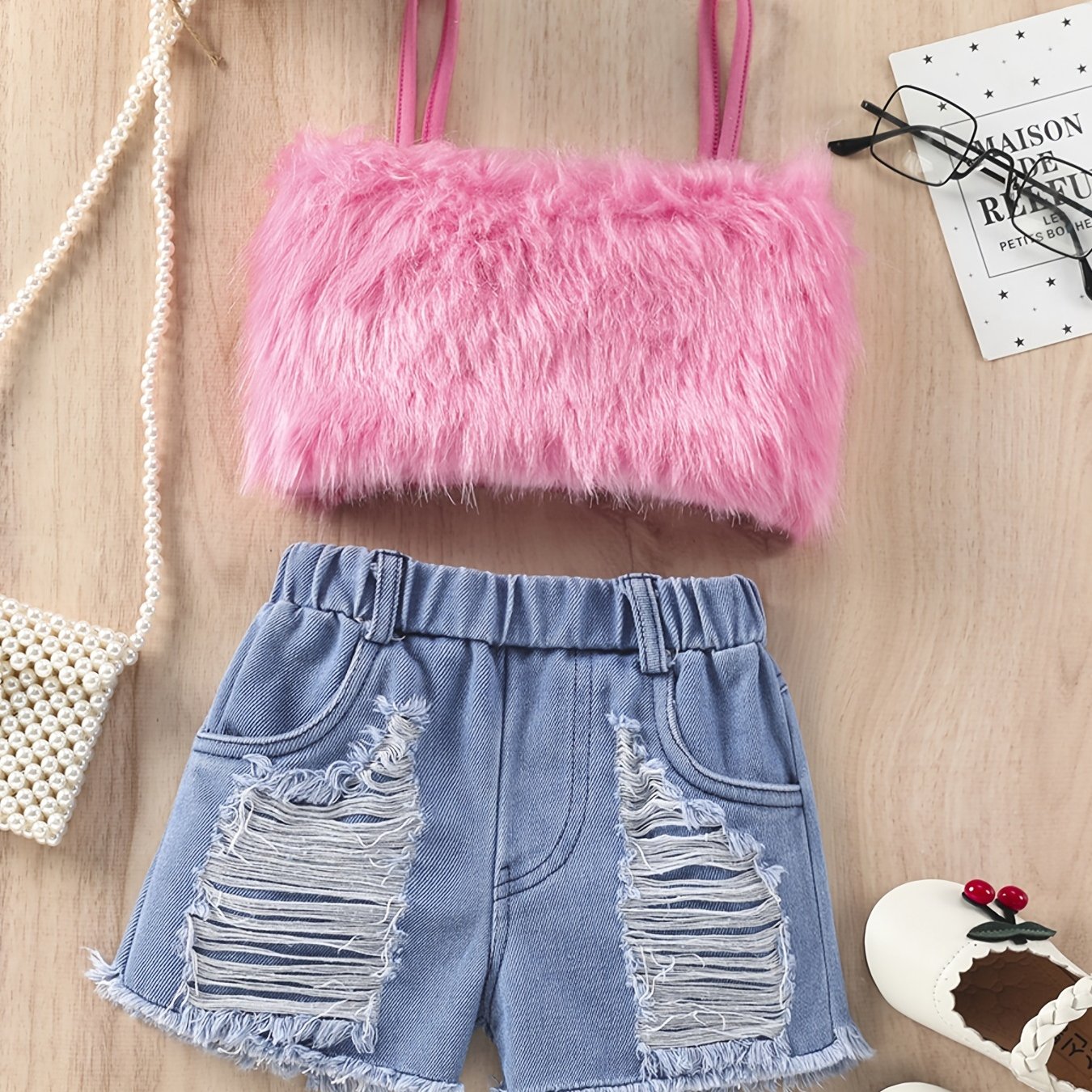 Y2K Plush Cami Top & Ribbed Denim Shorts Set - Summer Music Party
