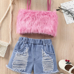 Y2K Plush Cami Top & Ribbed Denim Shorts Set - Summer Music Party