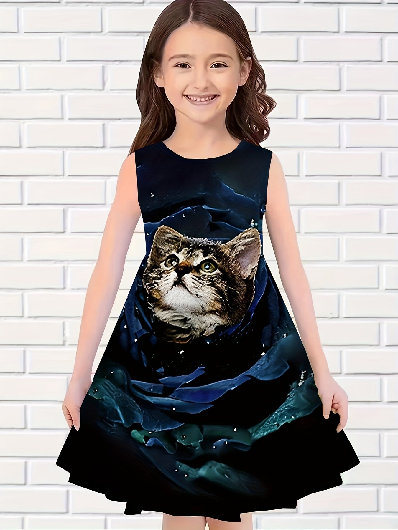 Rose Flower Kitty Print Dress Girls Casual Sleeveless Dresses For Summer Party