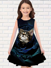 Rose Flower Kitty Print Dress Girls Casual Sleeveless Dresses For Summer Party