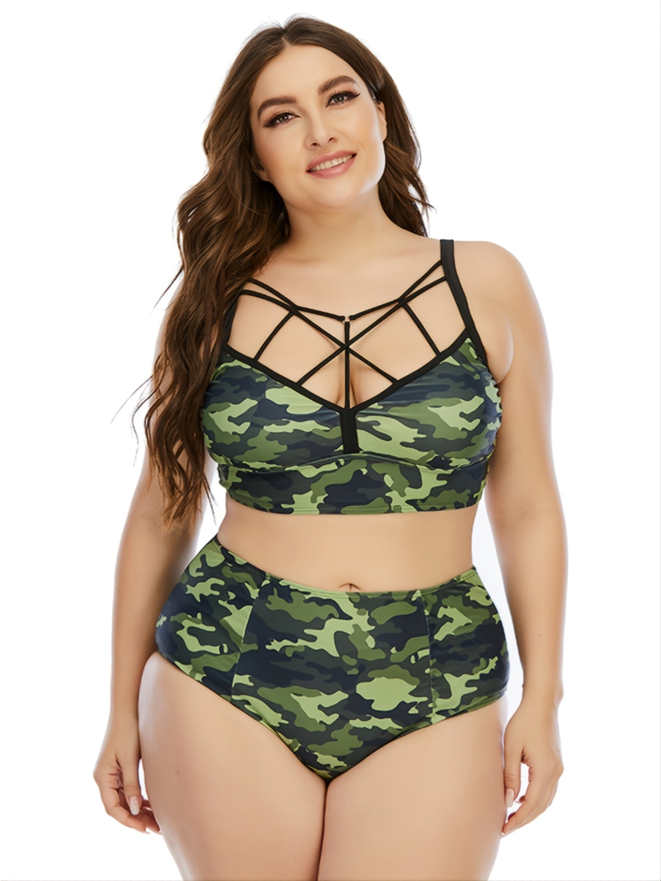 Camo Criss Cross Bikini Set Women's Plus High Waist Push Up Swimsuit