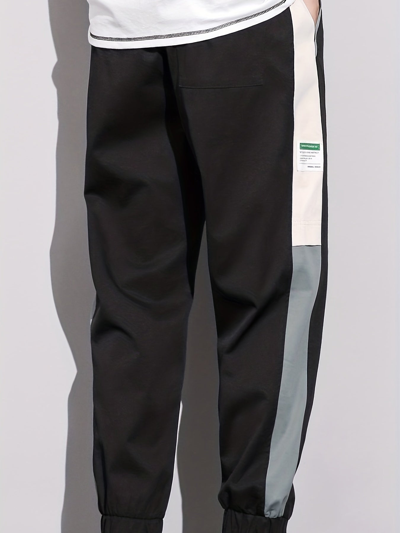Men's Patchwork Cropped Pants Elastic Waist Drawstring Sports Pants