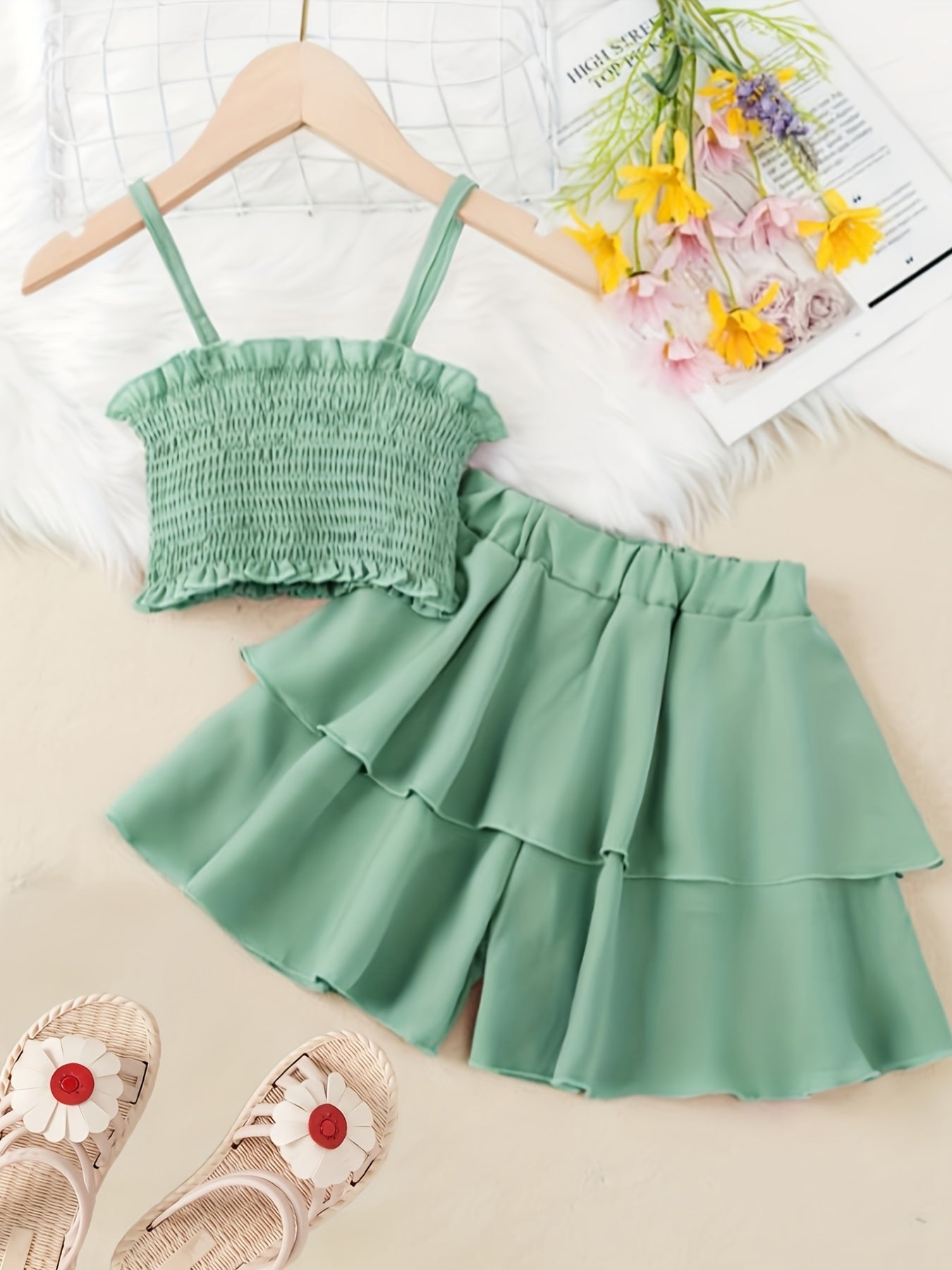 2pcs Toddler Girls Shirred Cami Crop Top & Ruffle Trim Shorts Set