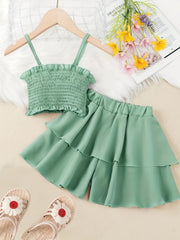 2pcs Toddler Girls Shirred Cami Crop Top & Ruffle Trim Shorts Set