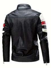 Men's Striped Leather Jacket Stand Collar Motorcycle Coat
