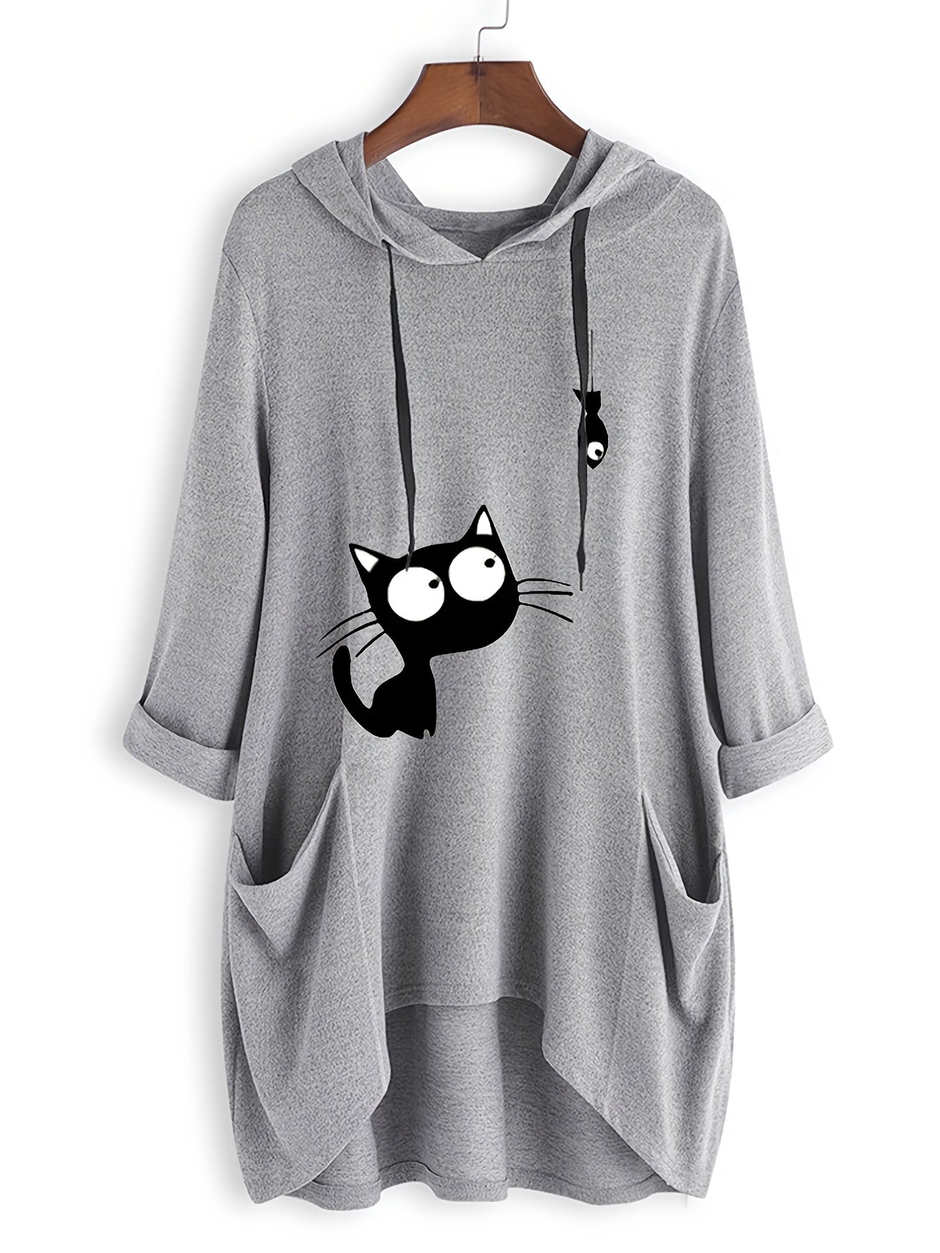 Cat Print Drawstring Hoodie Casual Long Sleeve Sweatshirt