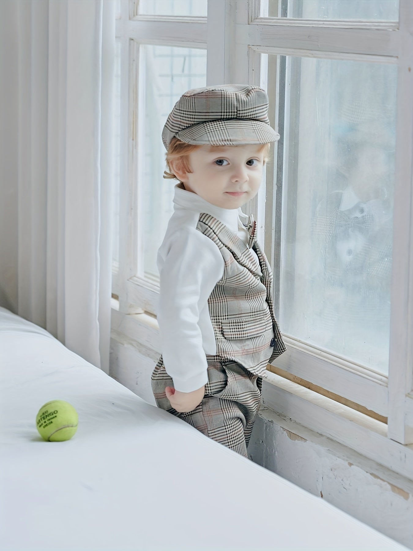 Baby Boys Gentleman Outfits Long Sleeve Romper Plaid Pant Cap Bodysuit Set