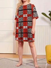 Leopard & Plaid Print Nightdress Short Sleeve Sleep Dress
