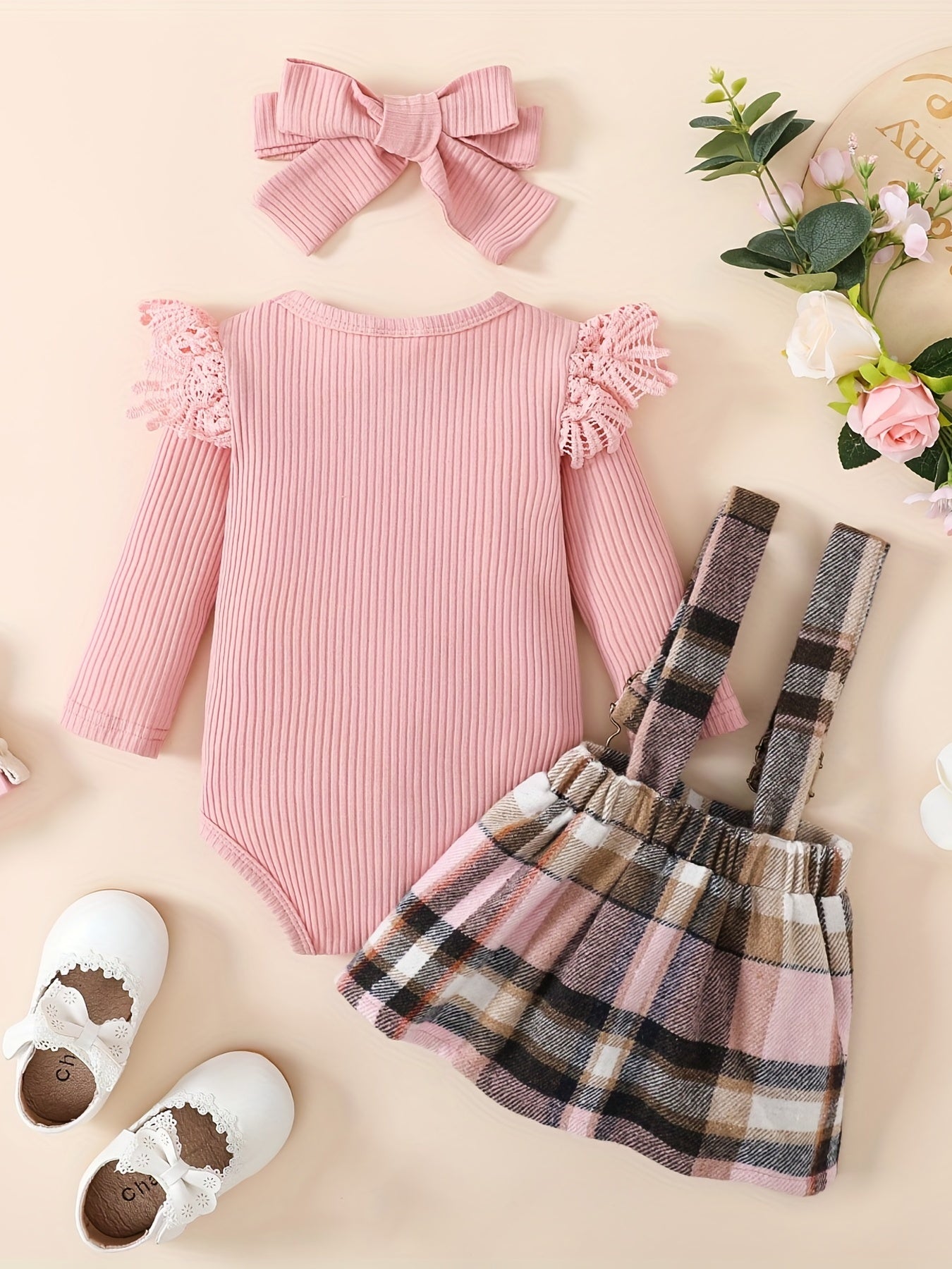 3pcs Baby Girls Long Sleeve Onesie & Plaid Suspender Skirt Set
