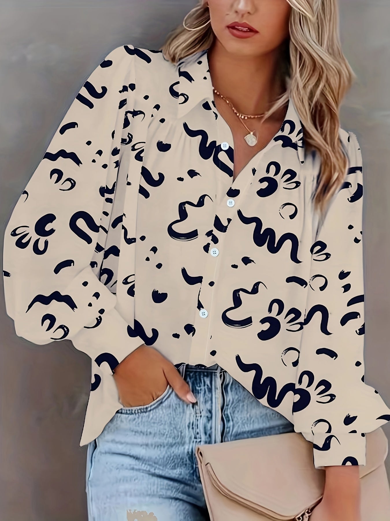Graffiti Print Button Up Lantern Sleeve Blouse