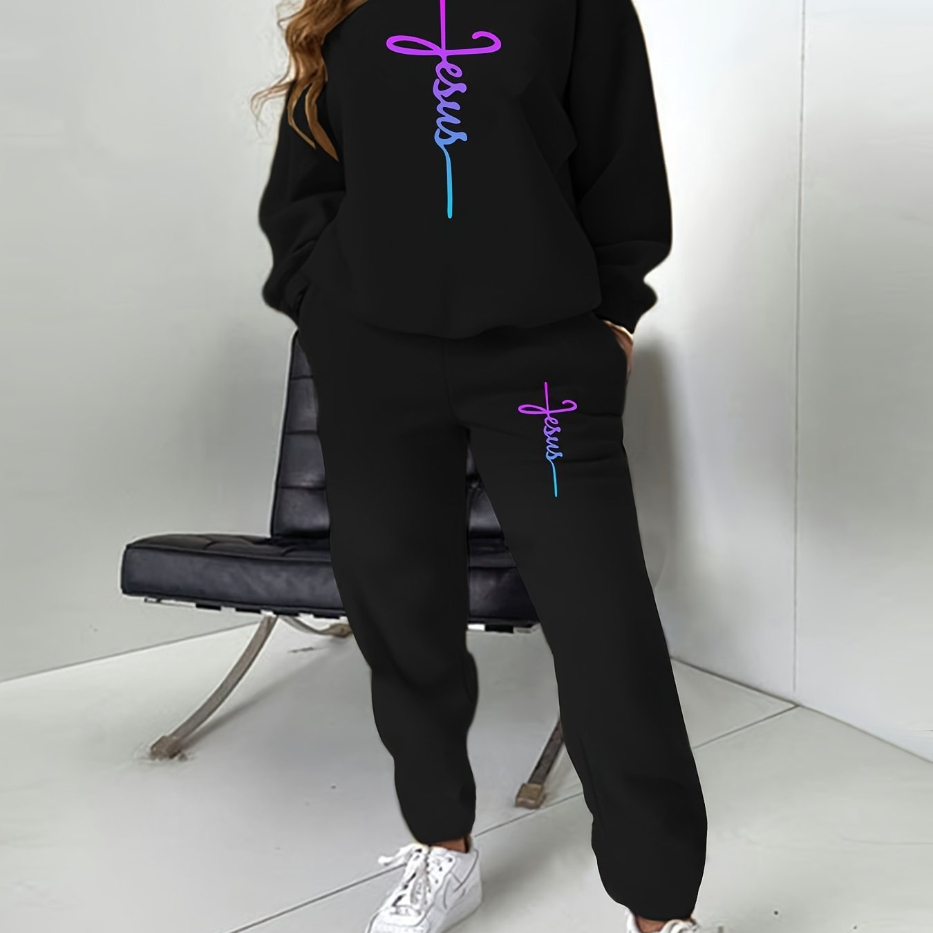 Women's Plus Letter Print Sweatshirt & Joggers Set