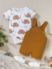 2pcs Baby Boys Elephant Graphic Onesie & Overalls Set