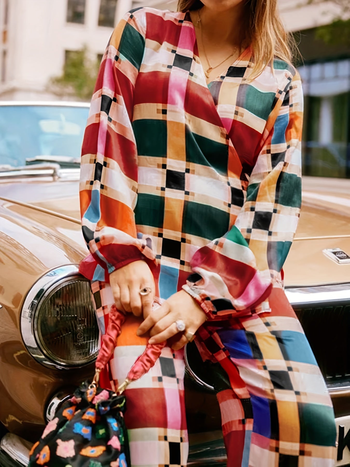 Women's Plus Colorful Plaid Print Lantern Sleeve Knot Side Wrap Top & Pants Set
