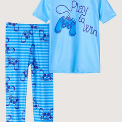 Boys Gamepad Print T-shirt & Striped Trousers Set