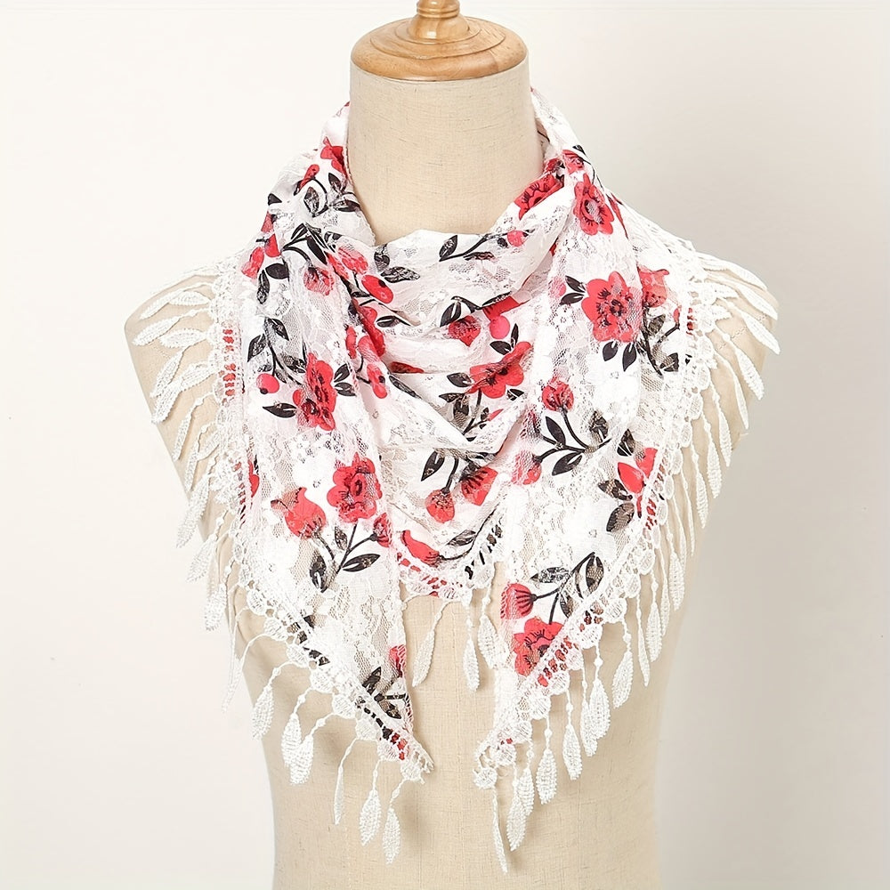 Flower Print Triangle Scarf Tassel Shawl