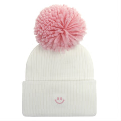 Kids Winter Beanie Knitted Hat Warm Smiling Face Graphic Cap With Pom Pom
