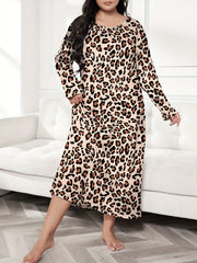 Leopard Print Long Sleeve Round Neck Nightdress
