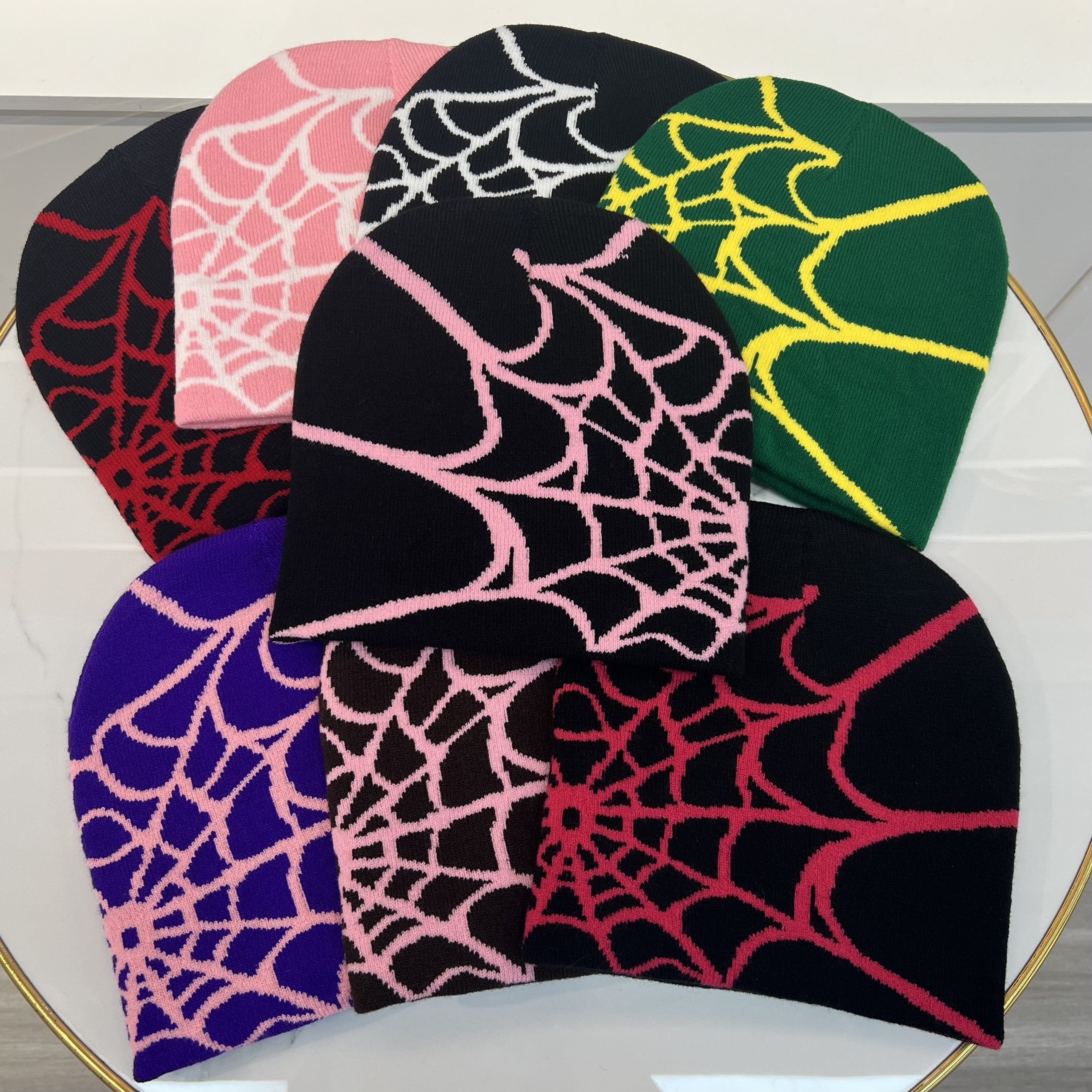 Windproof Knit Beanie Hat with Gothic Net Embroidery