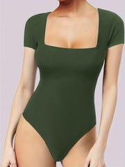 Slim Square Neck Short Sleeve Bodysuit for Women