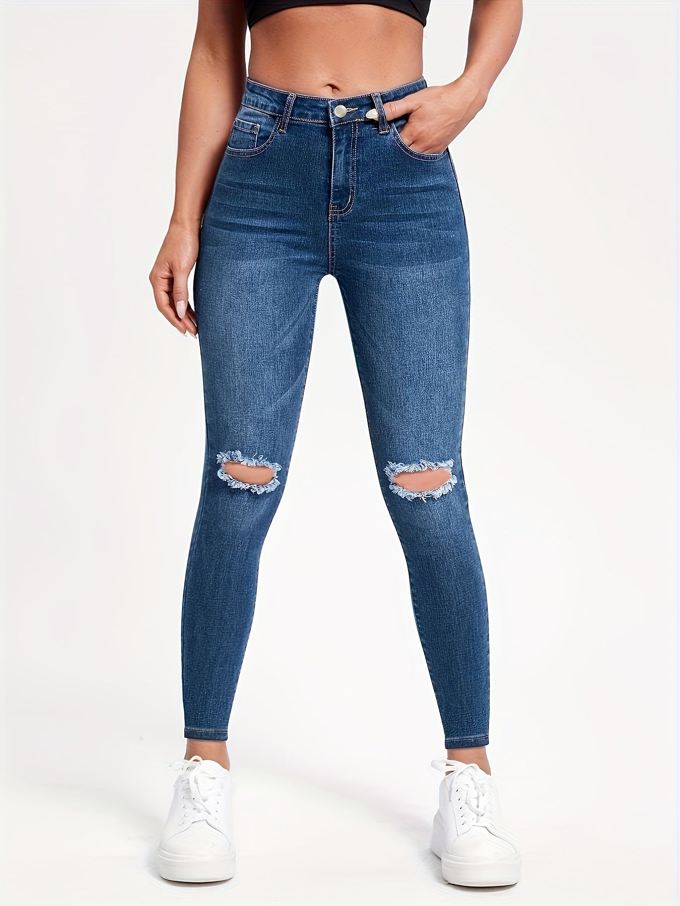 Ripped Knee Cut Skinny Jeans Solid Stretchy Whiskering Denim Pants