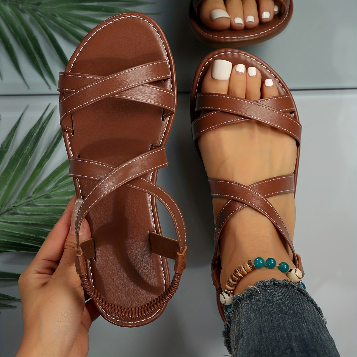 Women's Cross Strap Flat Sandals Elastic Band Summer Beach Shoes