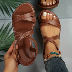 Women's Cross Strap Flat Sandals Elastic Band Summer Beach Shoes