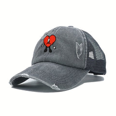 Heart Ripped Ponytail Baseball Cap Candy Washed Distressed Mesh Trucker Hat