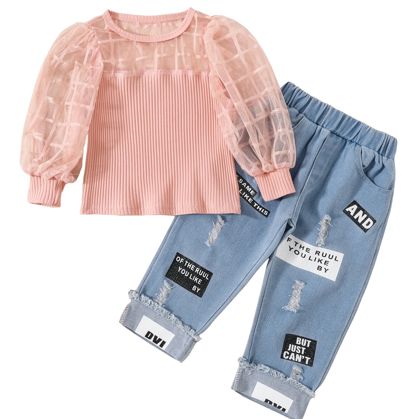 Girls Mesh Plaid T Shirt Top & Letter Graphic Jeans Set Kids Spring Clothes