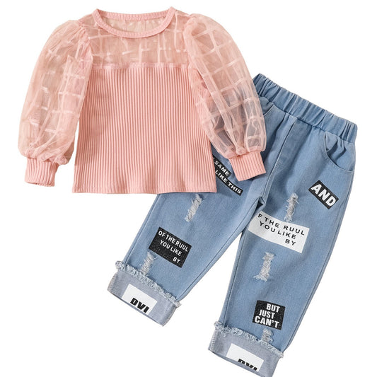 Girls Mesh Plaid T Shirt Top & Letter Graphic Jeans Set Kids Spring Clothes