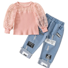 Girls Mesh Plaid T Shirt Top & Letter Graphic Jeans Set Kids Spring Clothes