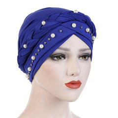 Faux Pearl Beads Turban Hijab Cap Twist Braid Head Scarf Solid Ramadan Head Wrap