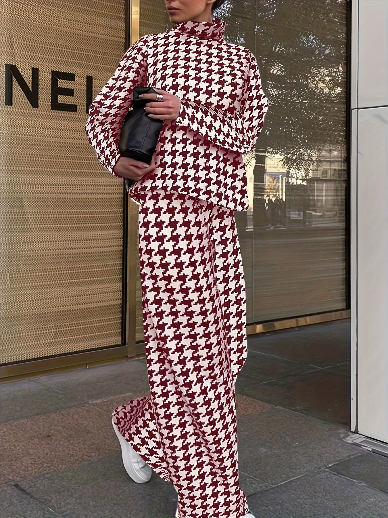 Plus Houndstooth Print Top & Pants Set Women's Plus Size