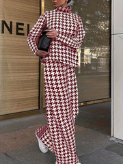 Plus Houndstooth Print Top & Pants Set Women's Plus Size