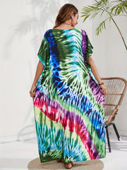 Tie Dye Batwing Sleeve V Neck Kaftan Beach Cover Up Dress