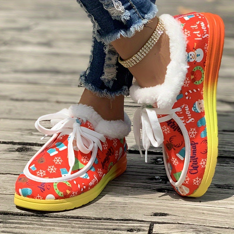 Women's Christmas Snow Boots Snowman Prints Winter Warm Lace-up Shoes