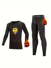 2pcs Kids Compression Fleece Sets Cartoon Pattern Crew Neck Pullover