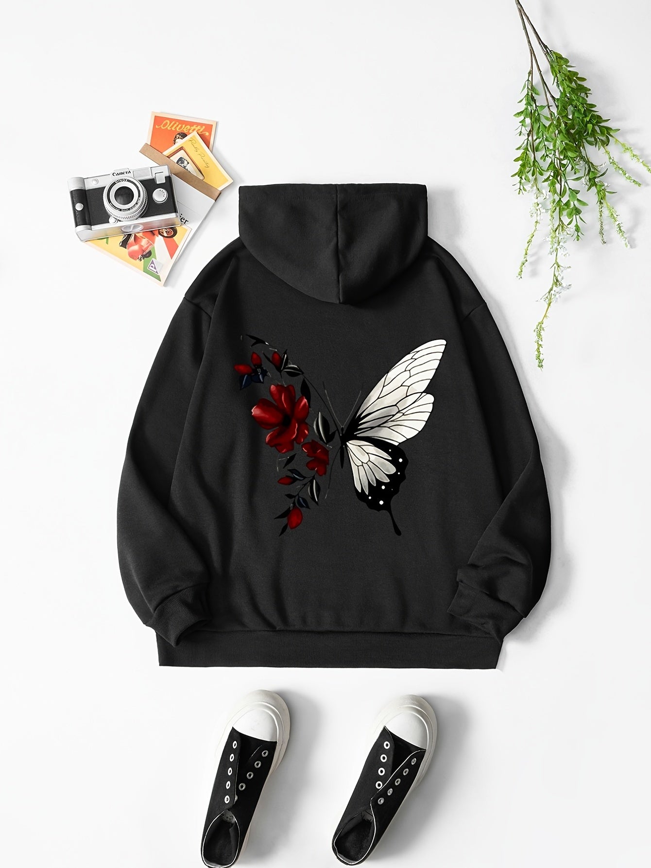 Butterfly Drawstring Hooded Shirt Solid Long Sleeve Sweater