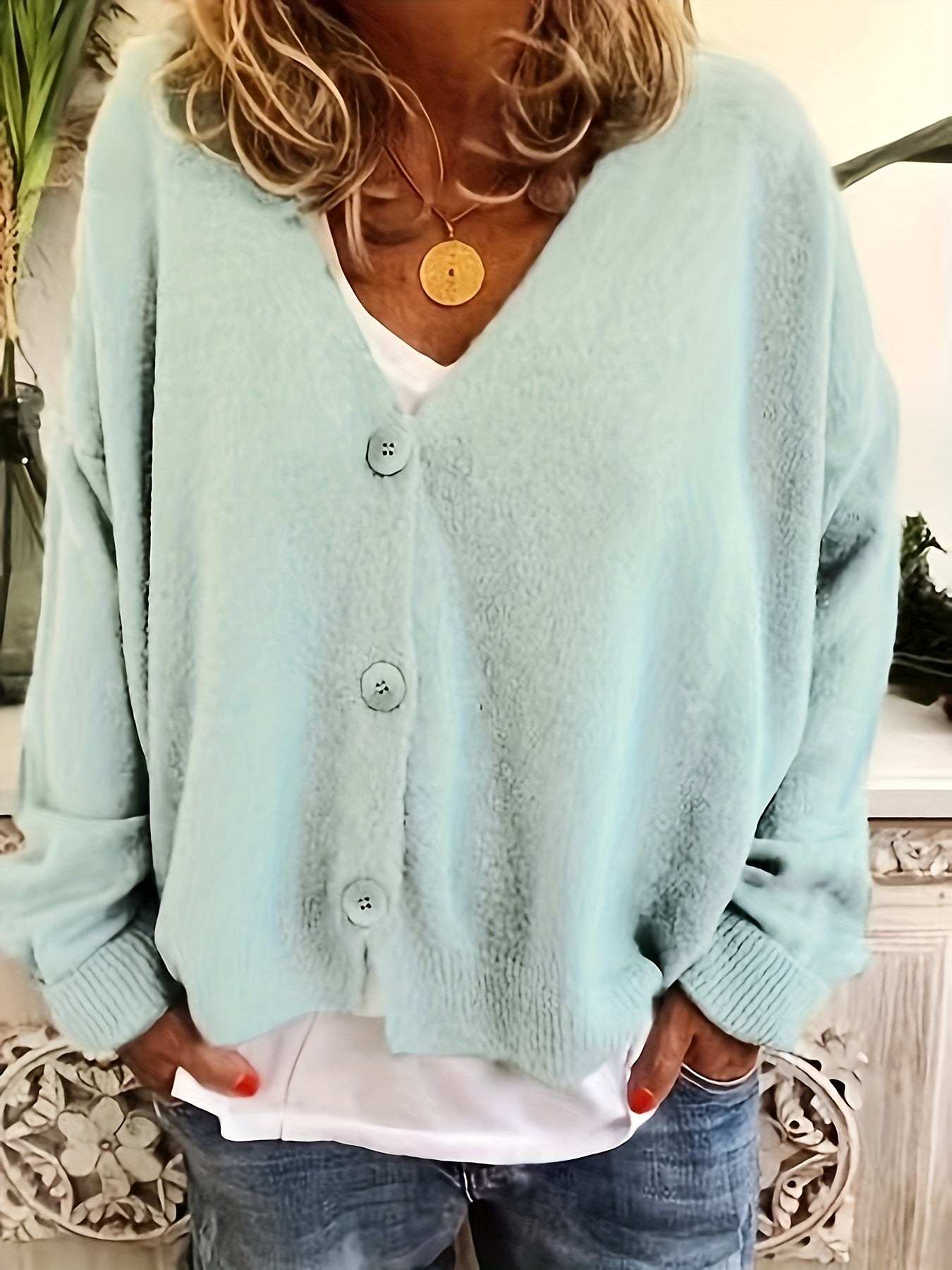 Solid Button Up Cardigan Casual V Neck Long Sleeve Cardigan