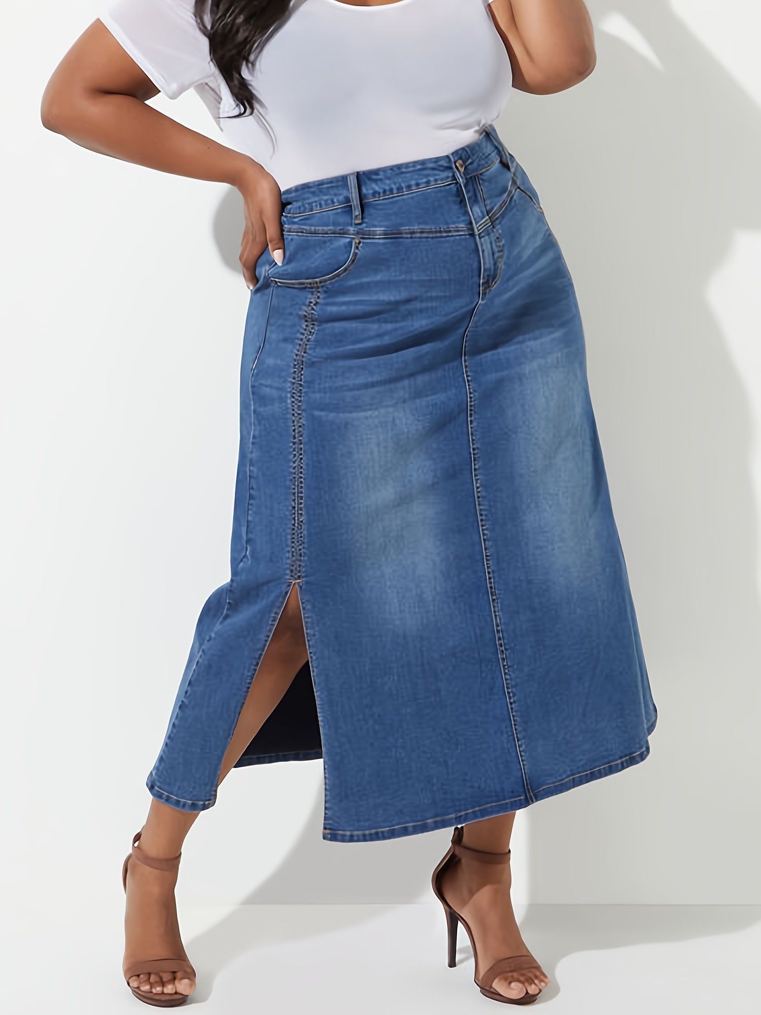 Women's Plus Solid Seam Front Button Fly High Rise Denim Skirt