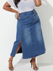 Women's Plus Solid Seam Front Button Fly High Rise Denim Skirt
