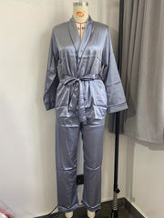Satin Pajama Set Long Sleeve Robe & Pants