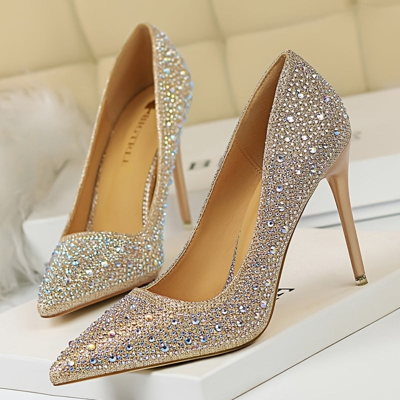 Glitter Rhinestone Wedding Shoes Pointed Toe Stiletto Heeled Pumps